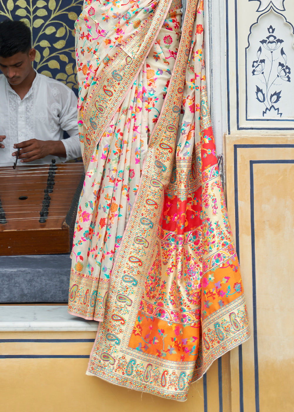 Beige Brown Banarasi Silk Saree with Kashmiri Jamawar Weaving