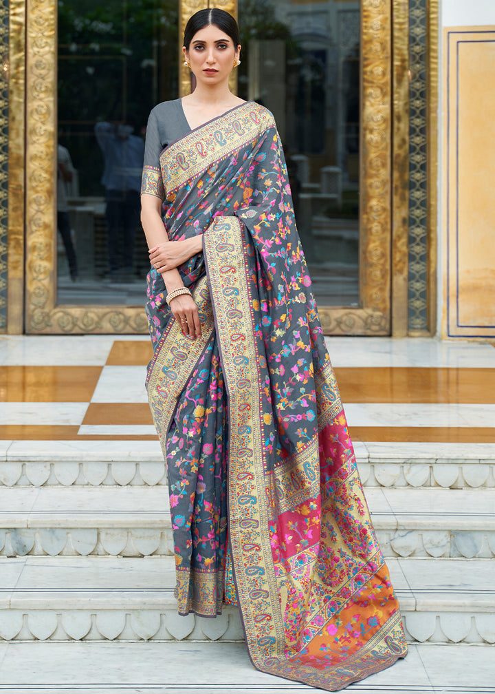 Iron Grey Banarasi Silk Saree with Kashmiri Jamawar Weaving