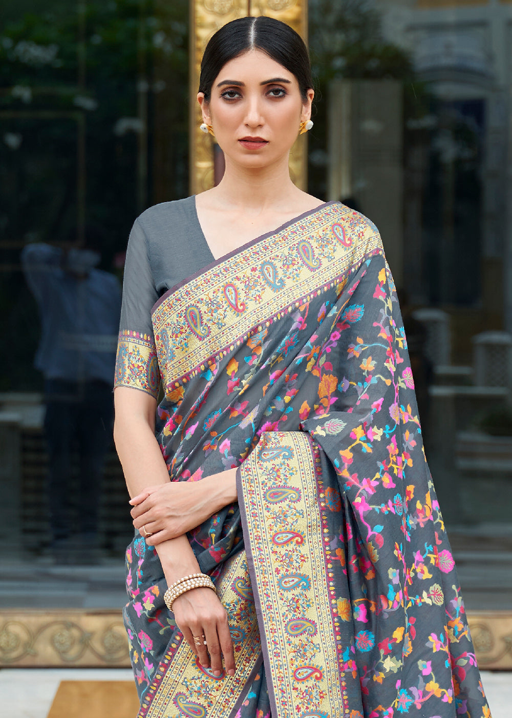 Iron Grey Banarasi Silk Saree with Kashmiri Jamawar Weaving