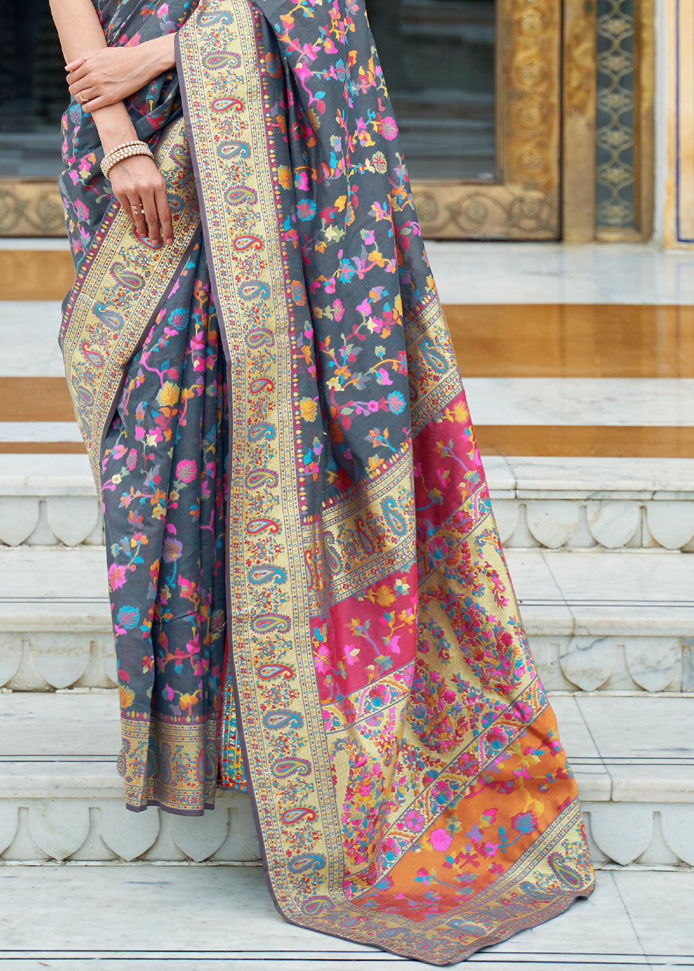 Iron Grey Banarasi Silk Saree with Kashmiri Jamawar Weaving