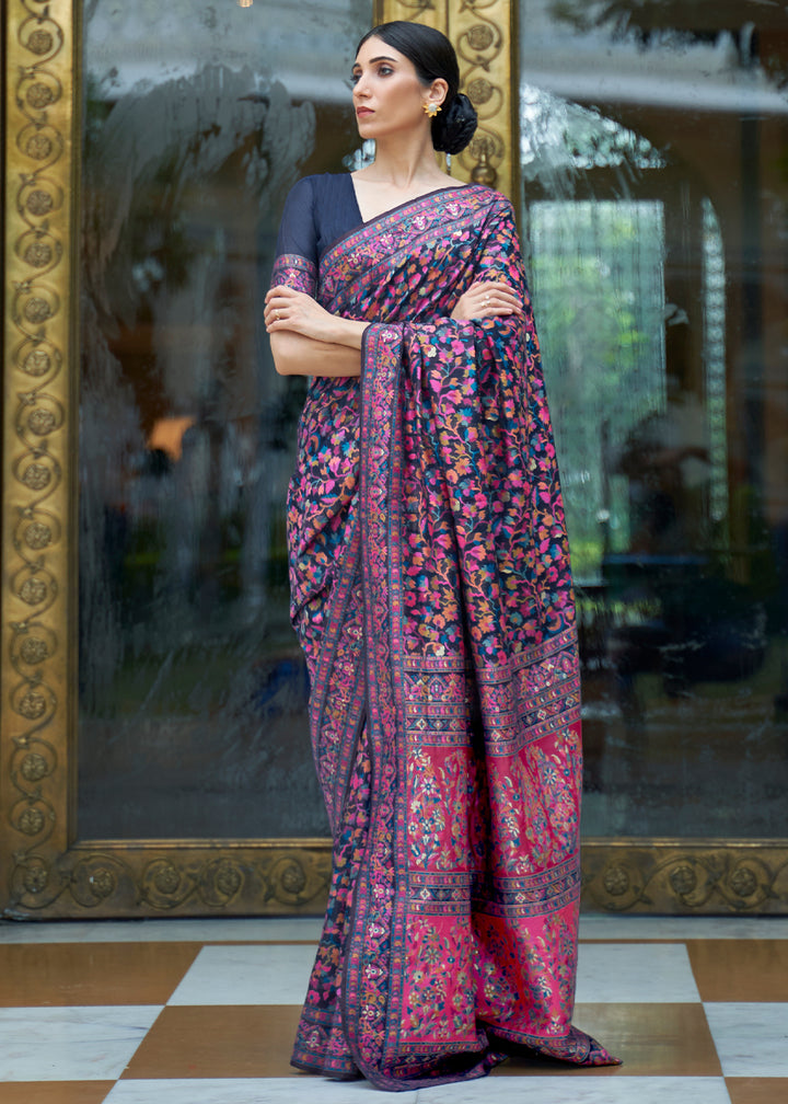 Navy Blue Banarasi Silk Saree with Kashmiri Jamawar Weaving