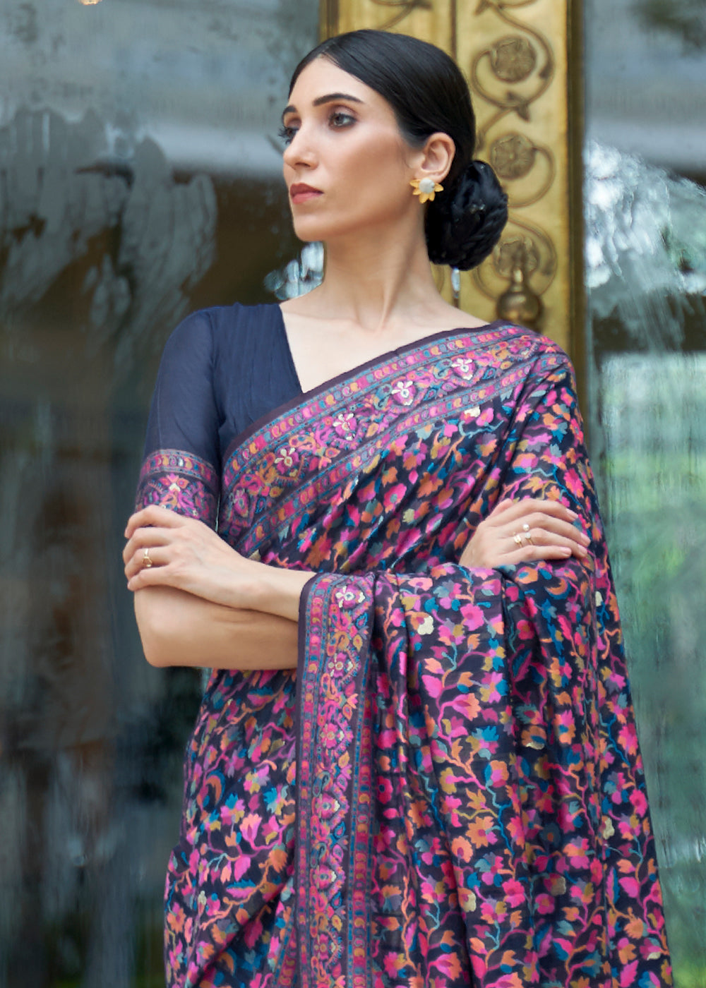 Navy Blue Banarasi Silk Saree with Kashmiri Jamawar Weaving