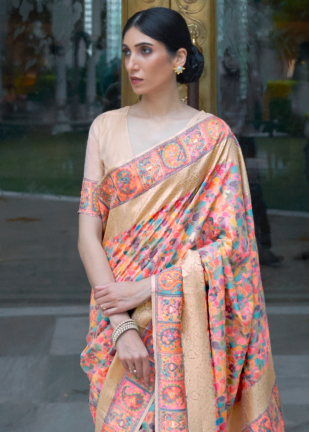 Sand Brown Banarasi Silk Saree with Kashmiri Jamawar Weaving