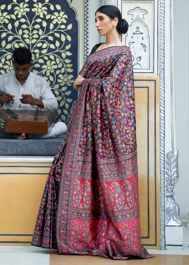 Jet Black Banarasi Silk Saree with Kashmiri Jamawar Weaving