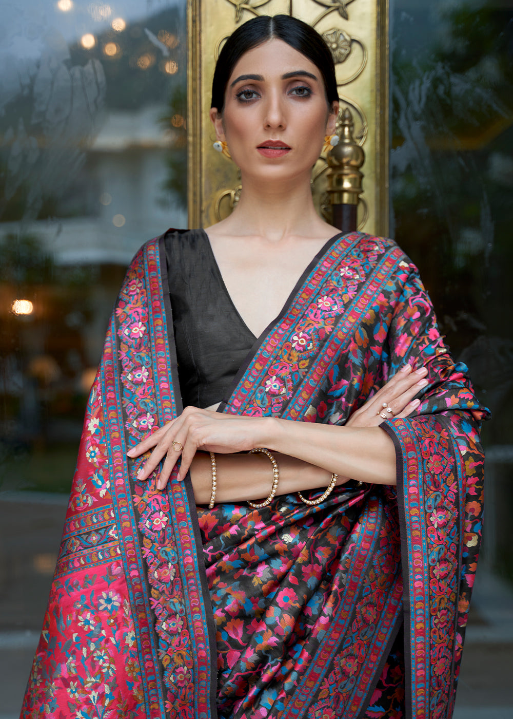 Jet Black Banarasi Silk Saree with Kashmiri Jamawar Weaving