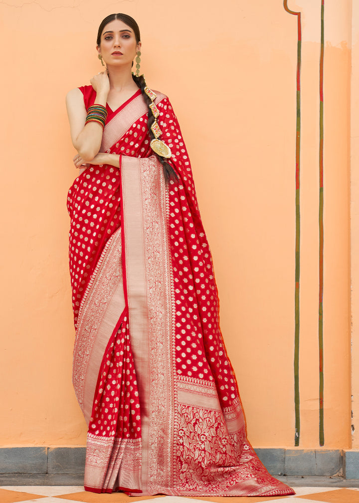 Crimson Red Georgette Silk Saree Featuring Woven Designer Patterns