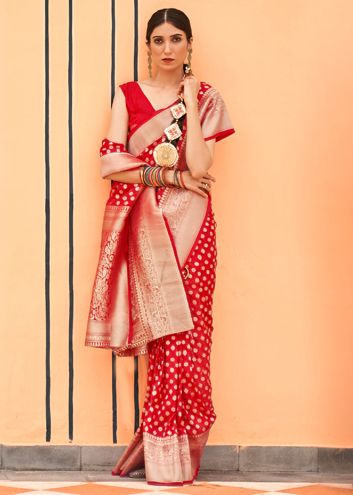 Crimson Red Georgette Silk Saree Featuring Woven Designer Patterns