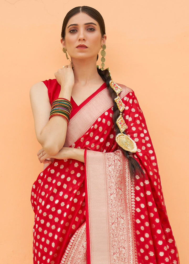 Crimson Red Georgette Silk Saree Featuring Woven Designer Patterns