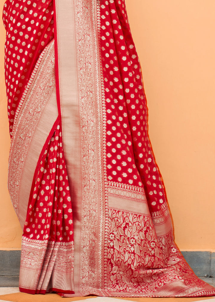 Crimson Red Georgette Silk Saree Featuring Woven Designer Patterns