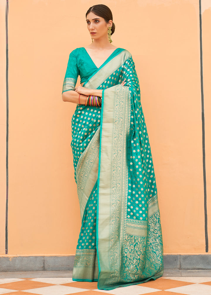 Emerald Green Georgette Silk Saree Featuring Woven Designer Patterns