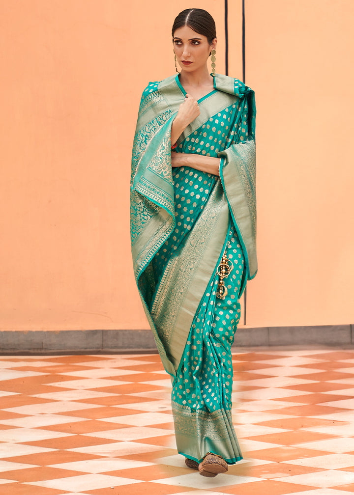 Emerald Green Georgette Silk Saree Featuring Woven Designer Patterns