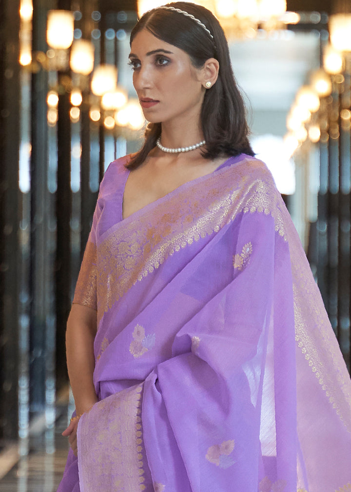 Zari Woven Purple Linen Silk Saree – Perfect for Summer