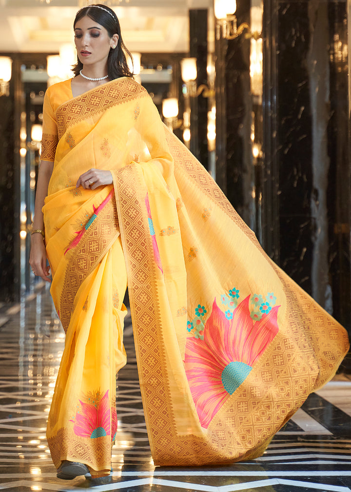 Zari Woven Cadmium Yellow Linen Silk Saree – Perfect for Summer