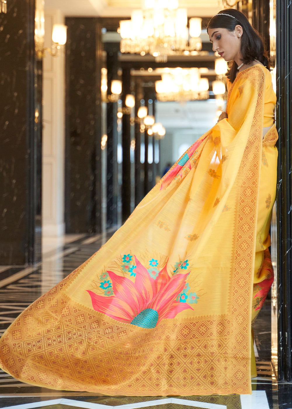 Zari Woven Cadmium Yellow Linen Silk Saree – Perfect for Summer