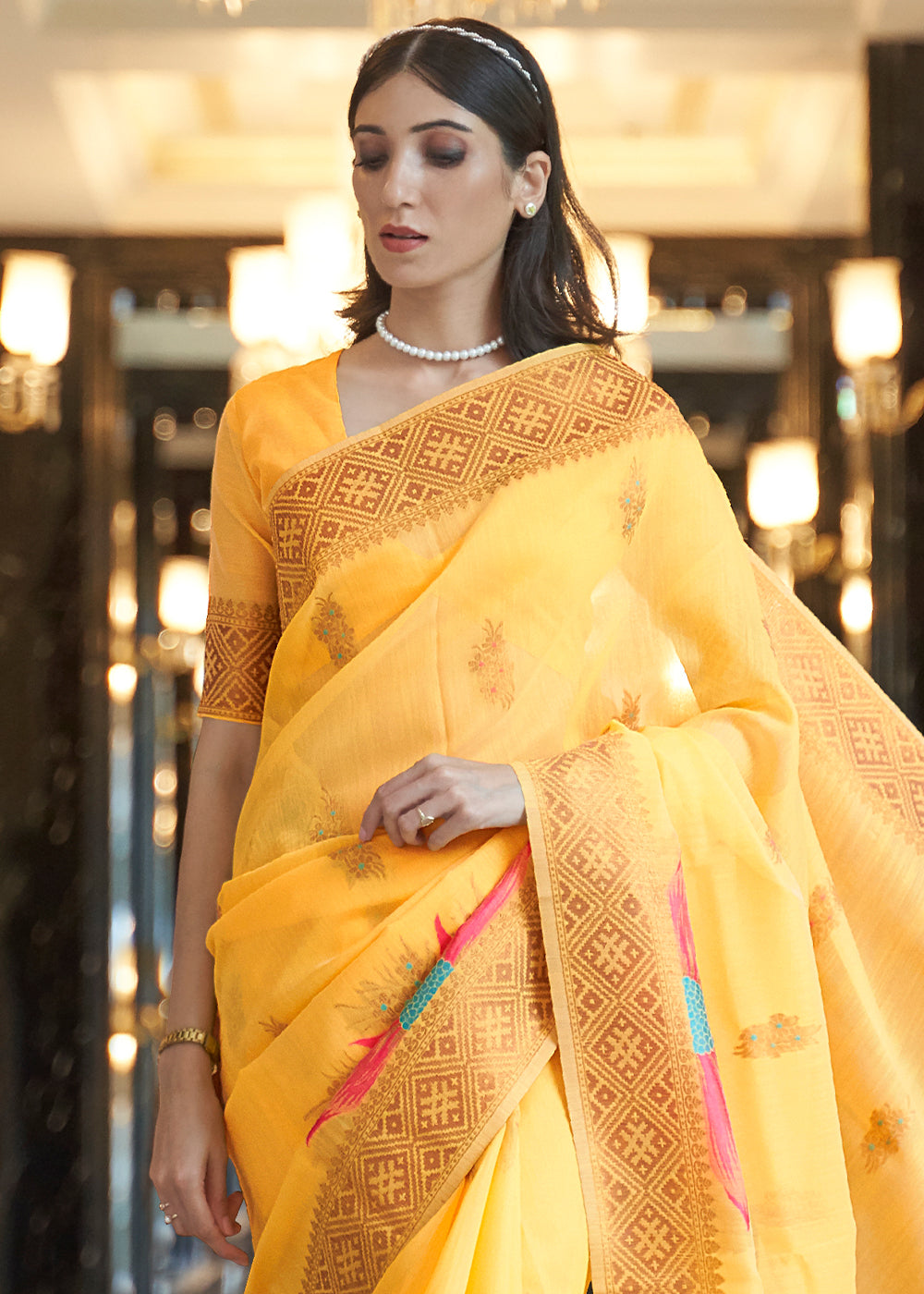 Zari Woven Cadmium Yellow Linen Silk Saree – Perfect for Summer