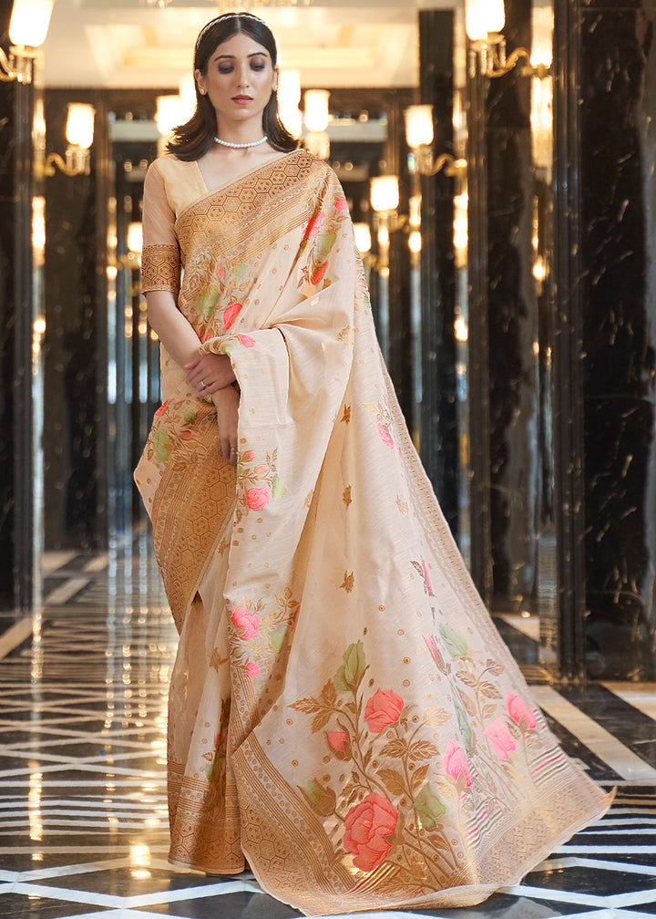 Zari Woven Beige Brown Linen Silk Saree – Perfect for Summer