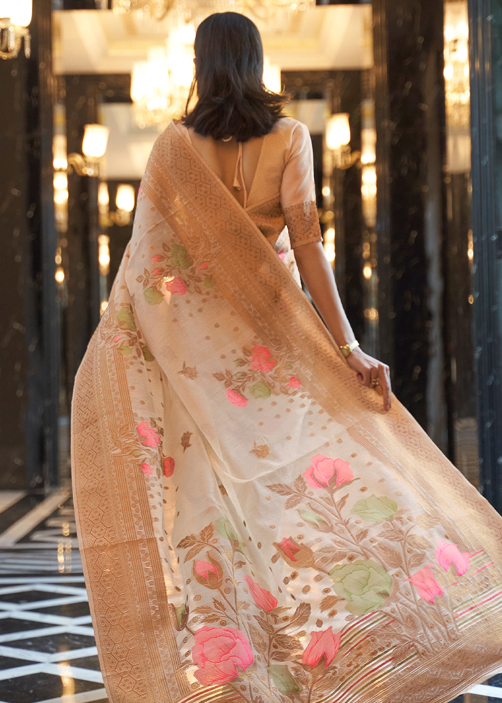 Zari Woven Beige Brown Linen Silk Saree – Perfect for Summer