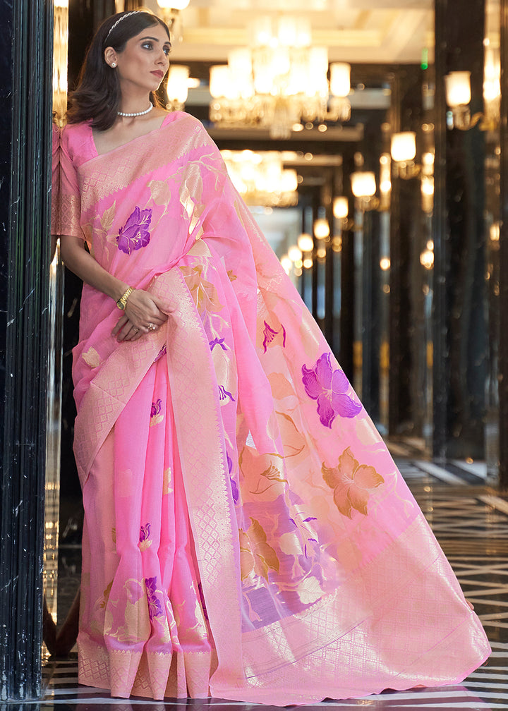 Zari Woven Taffy Pink Linen Silk Saree – Perfect for Summer