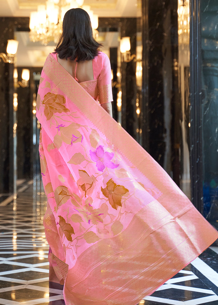 Zari Woven Taffy Pink Linen Silk Saree – Perfect for Summer