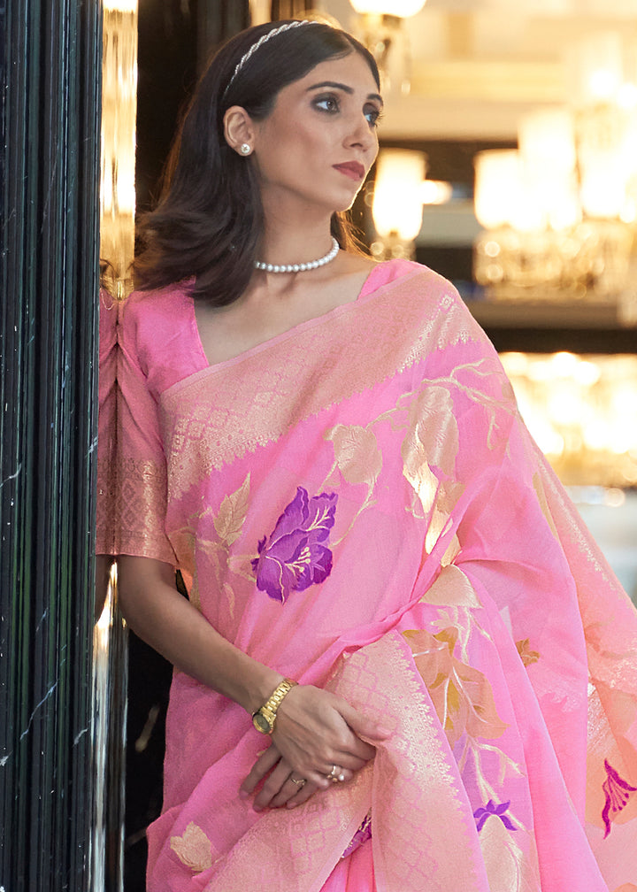 Zari Woven Taffy Pink Linen Silk Saree – Perfect for Summer