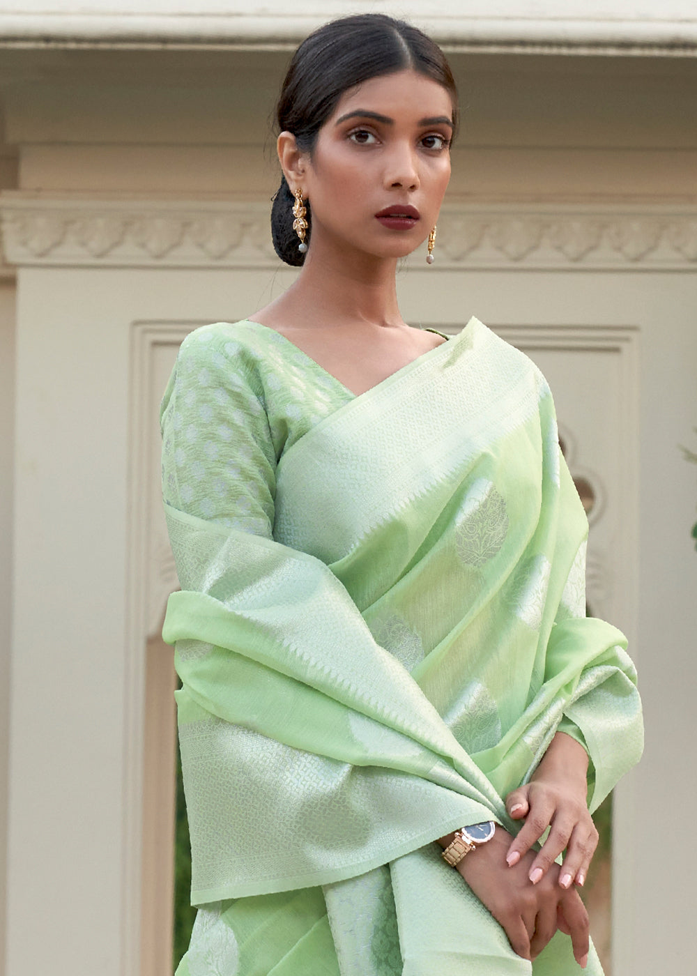 Zari Woven Celadon Green Linen Silk Saree – Perfect for Summer