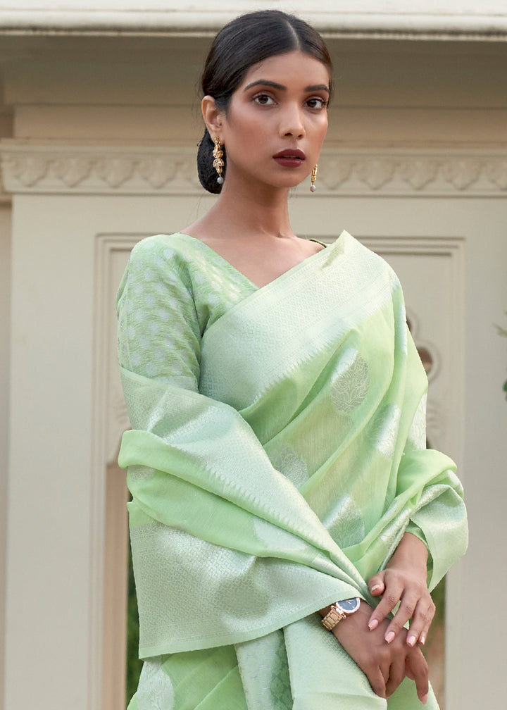 Zari Woven Celadon Green Linen Silk Saree – Perfect for Summer