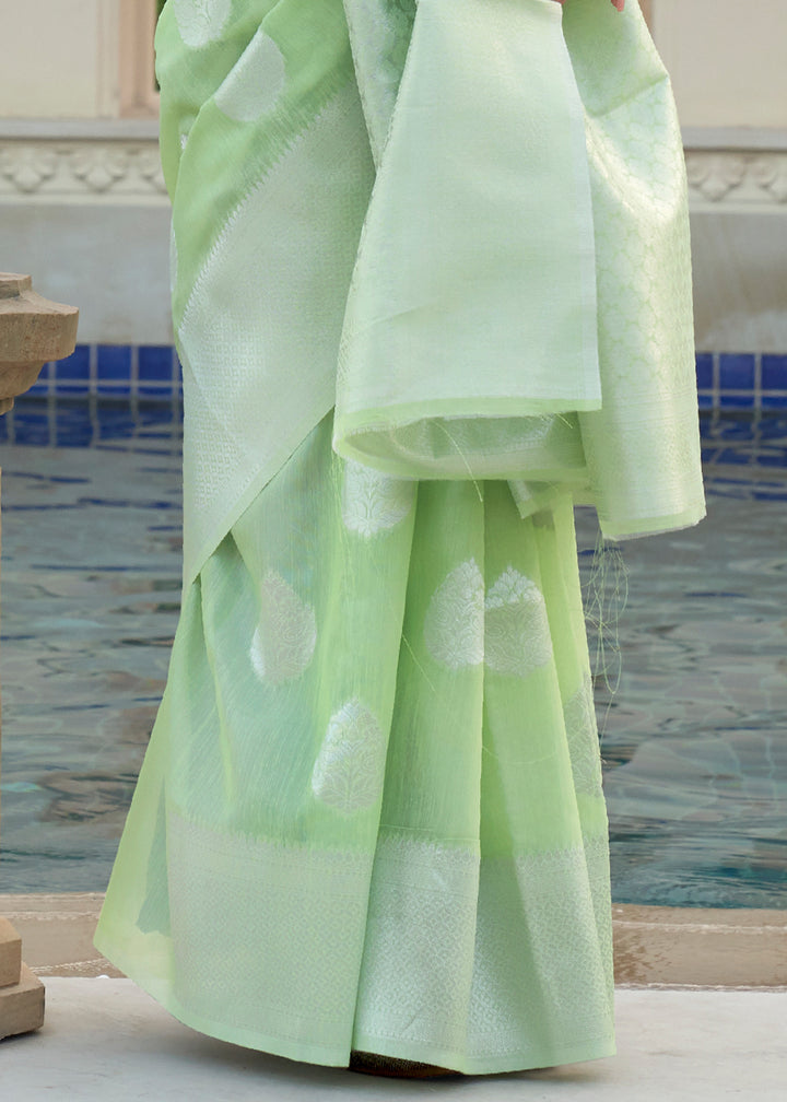 Zari Woven Celadon Green Linen Silk Saree – Perfect for Summer