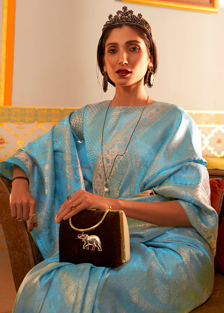 Aqua Blue Satin Silk Saree Featuring Zari Woven Patterns