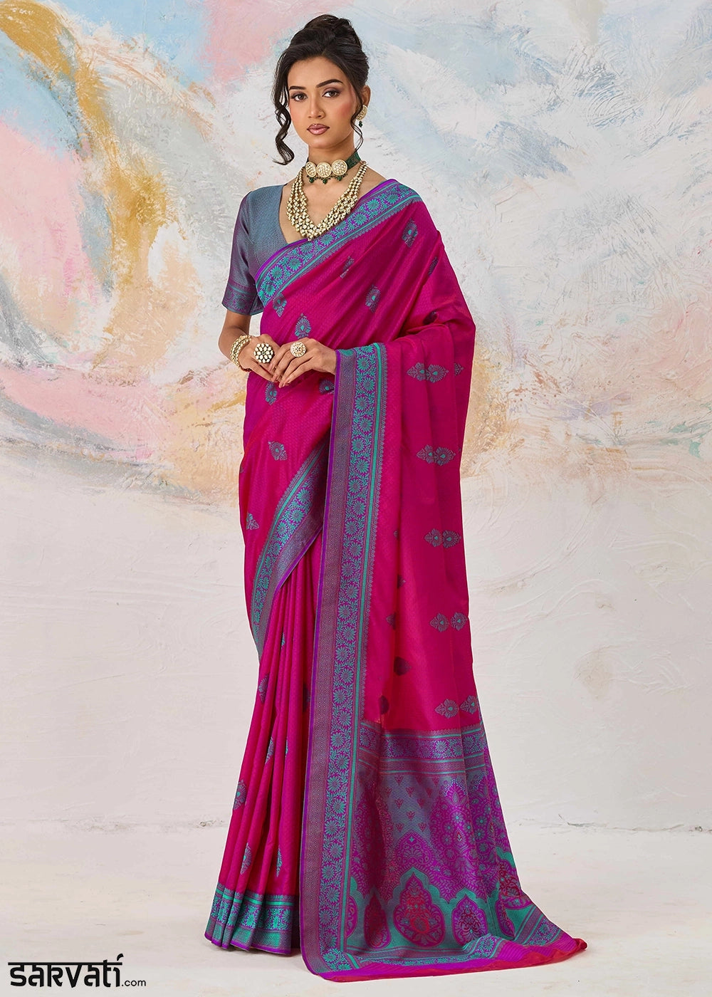 Magenta Pink Silk Saree with Tanchoi Zari Weaving Border