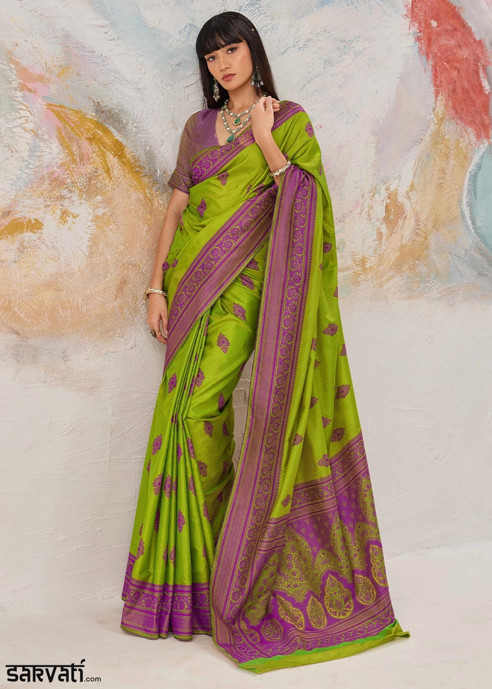 Volt Green Silk Saree with Tanchoi Zari Weaving Border