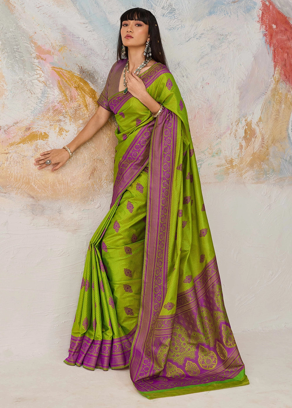 Volt Green Silk Saree with Tanchoi Zari Weaving Border