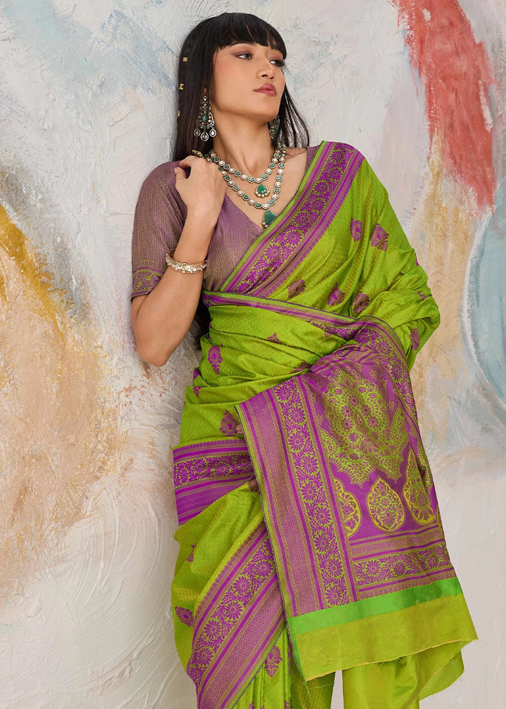 Volt Green Silk Saree with Tanchoi Zari Weaving Border