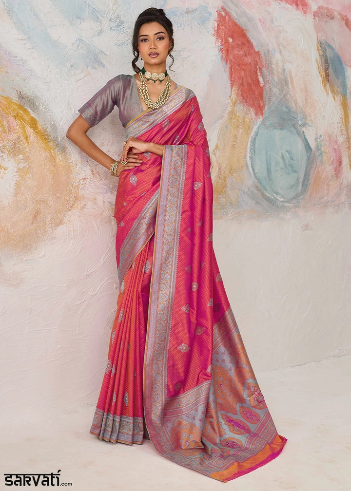 Rouge Pink Silk Saree with Tanchoi Zari Weaving Border