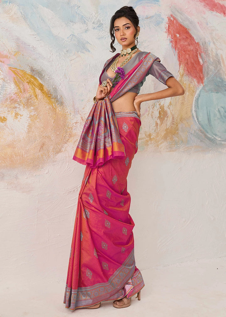 Rouge Pink Silk Saree with Tanchoi Zari Weaving Border