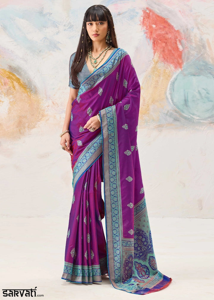 Cardinal Purple Silk Saree with Tanchoi Zari Weaving Border