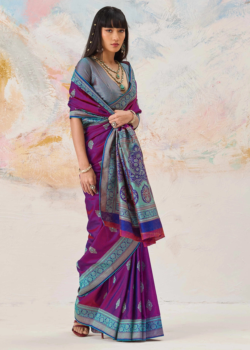 Cardinal Purple Silk Saree with Tanchoi Zari Weaving Border
