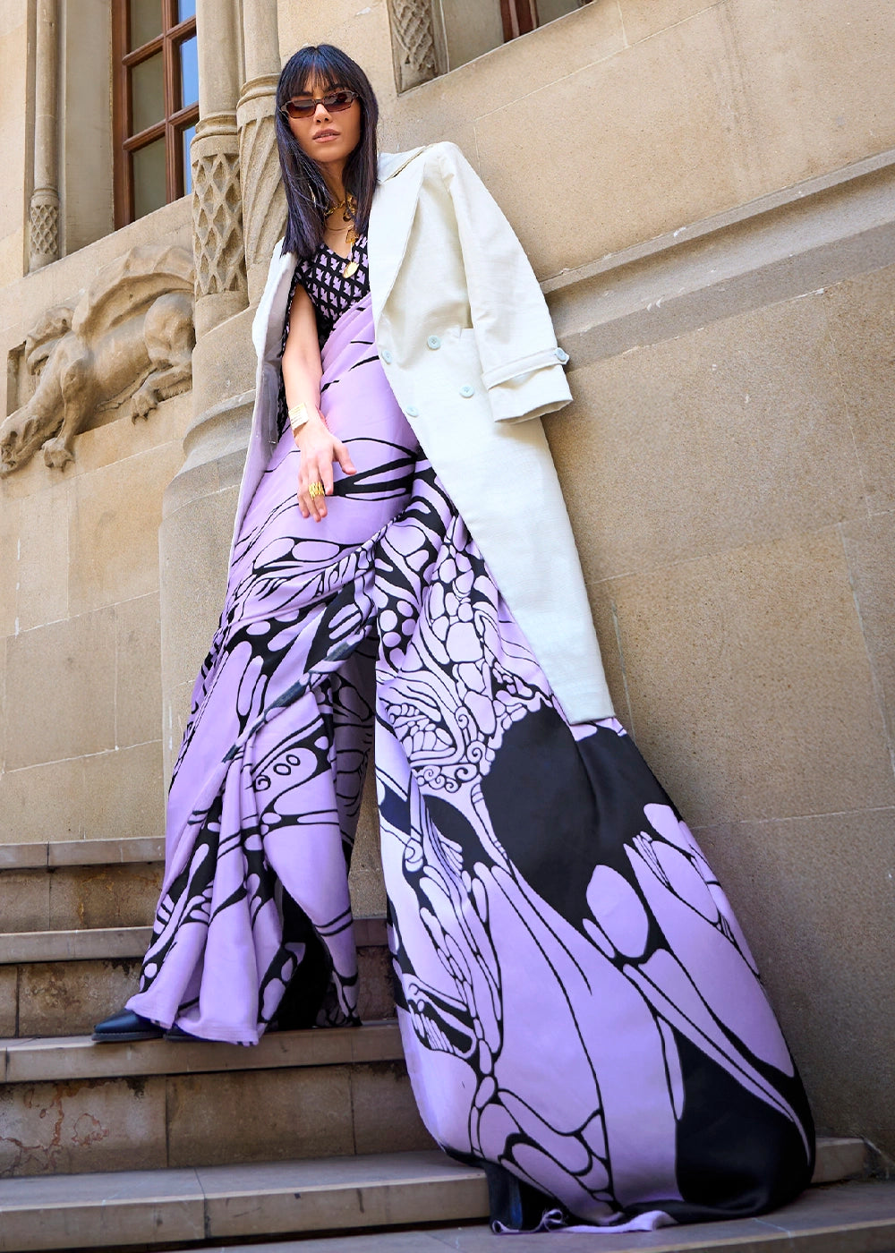Mauve Purple Lightweight Printed Saree in Satin Crepe