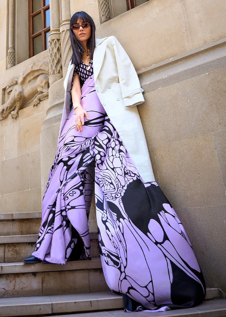Mauve Purple Lightweight Printed Saree in Satin Crepe