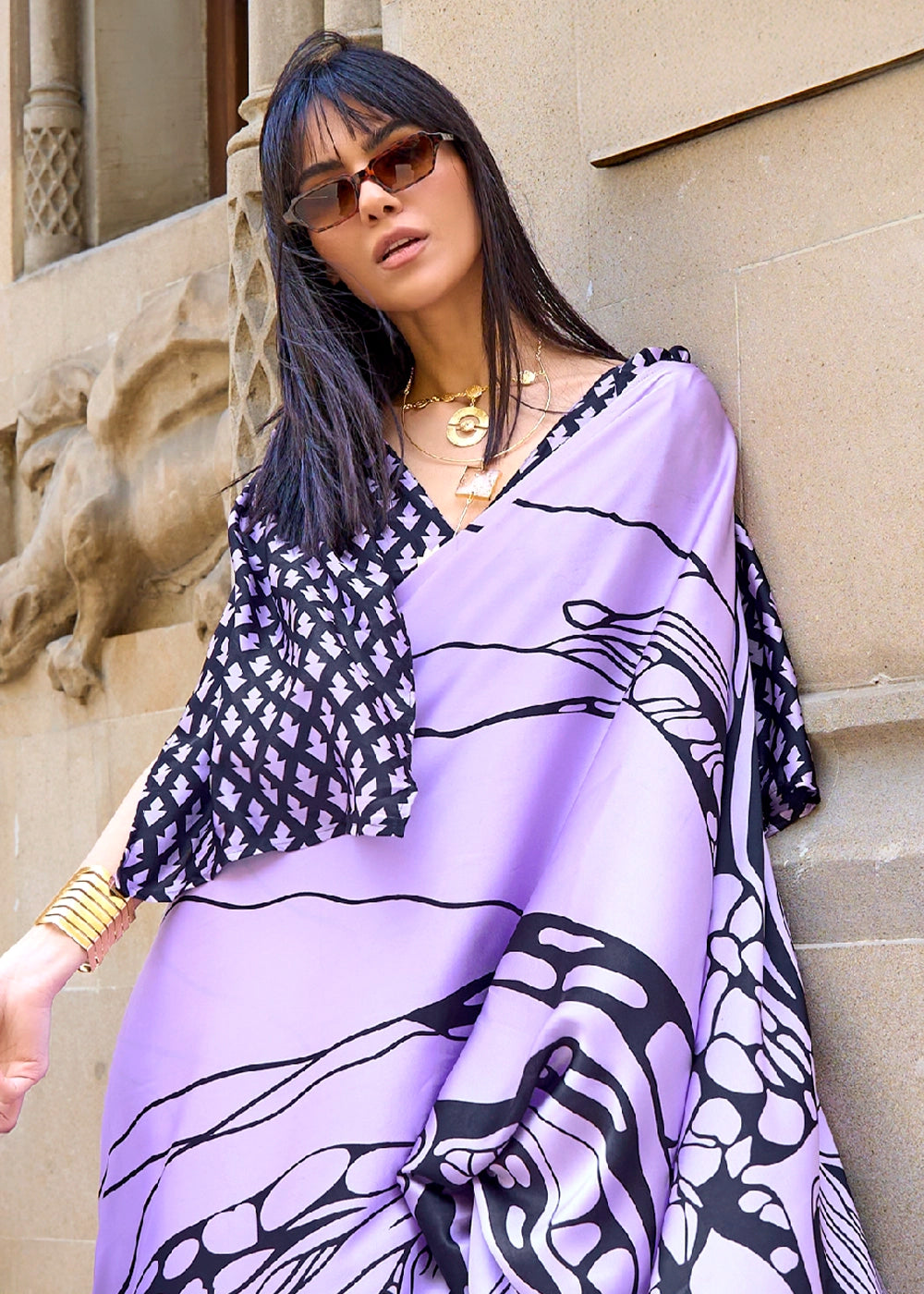Mauve Purple Lightweight Printed Saree in Satin Crepe