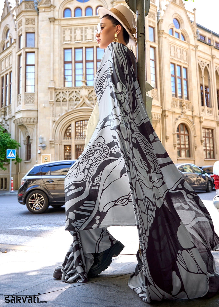 Light Grey Lightweight Printed Saree in Satin Crepe