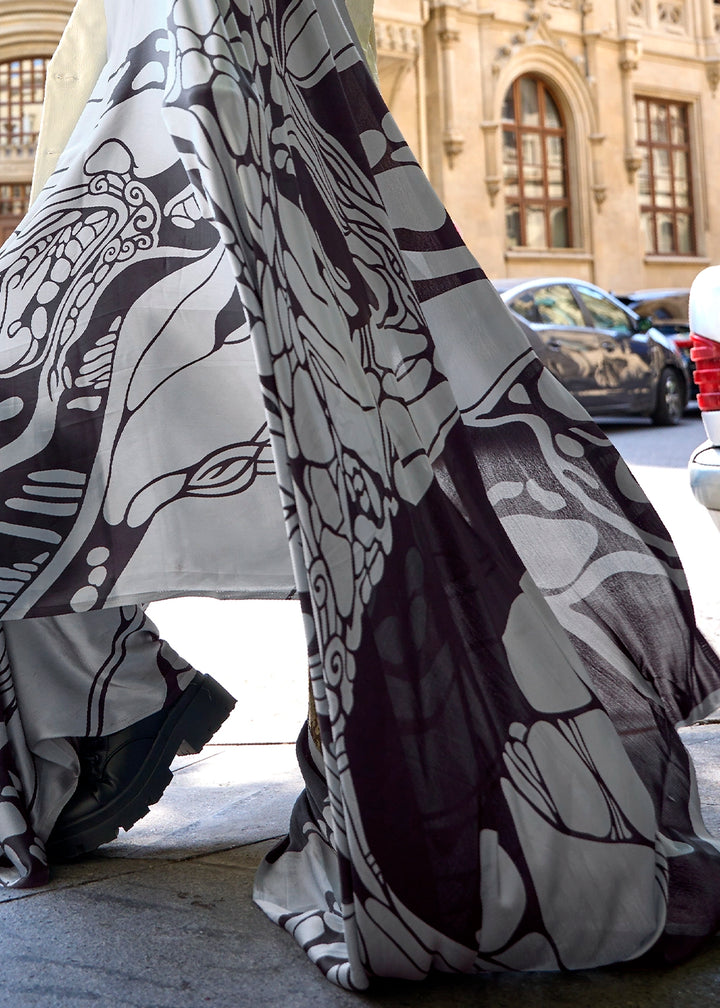 Light Grey Lightweight Printed Saree in Satin Crepe