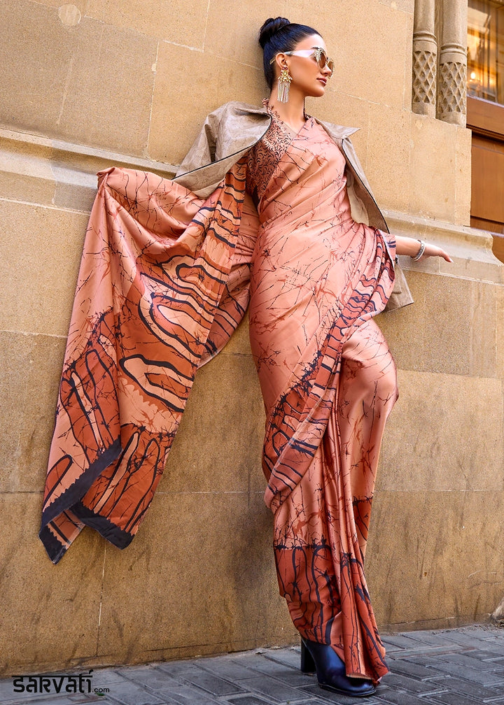 Shades Of Orange Lightweight Printed Saree in Satin Crepe