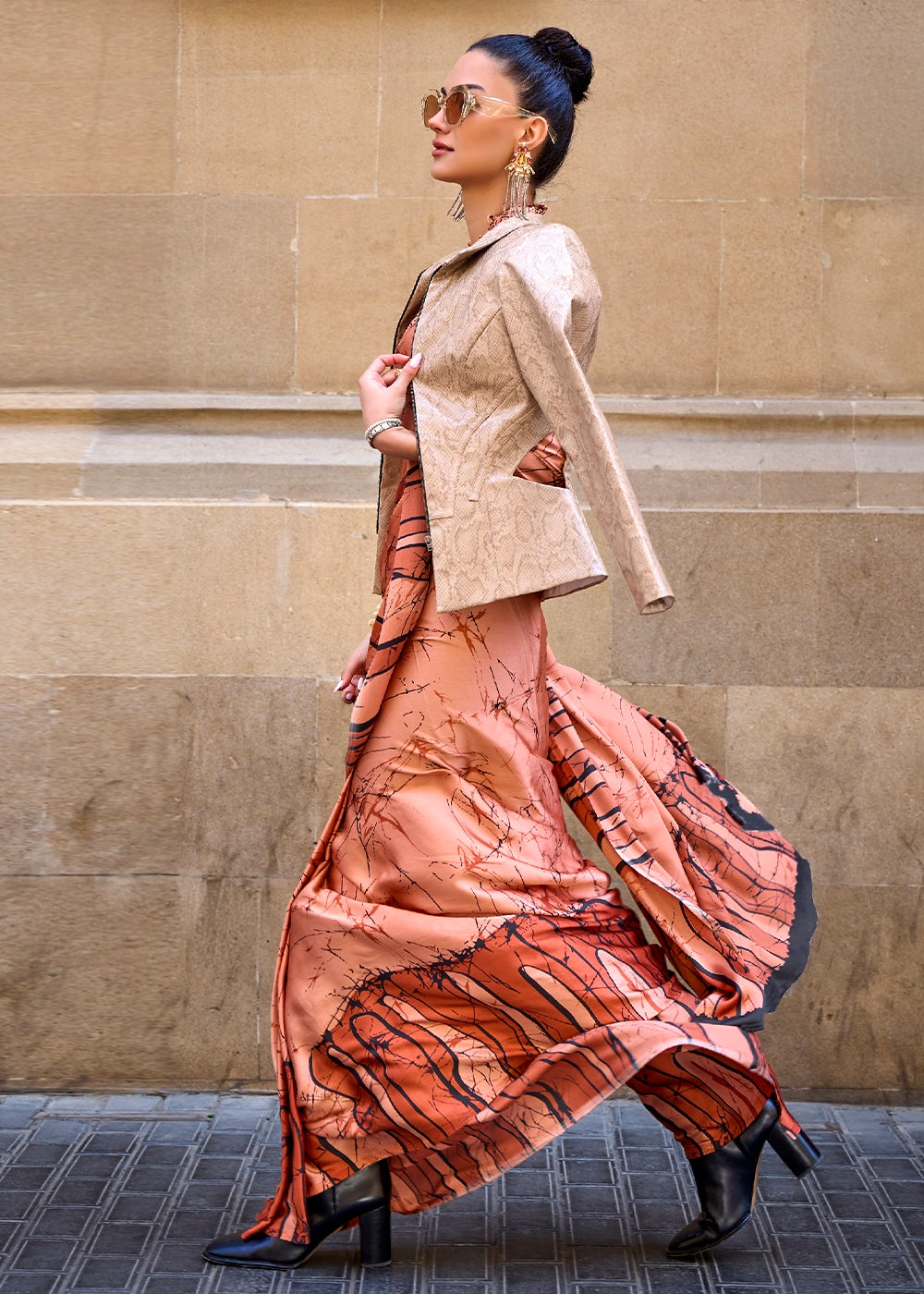 Shades Of Orange Lightweight Printed Saree in Satin Crepe