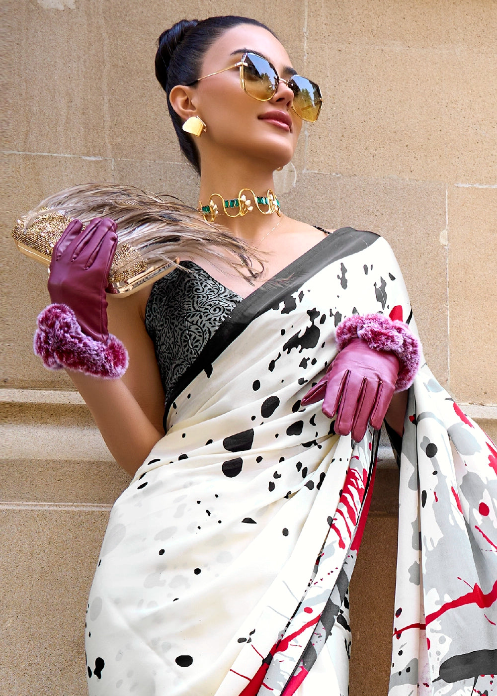Pearl White Lightweight Printed Saree in Satin Crepe