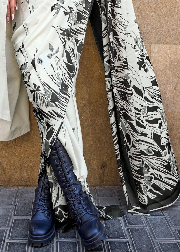 Off White Lightweight Printed Saree in Satin Crepe