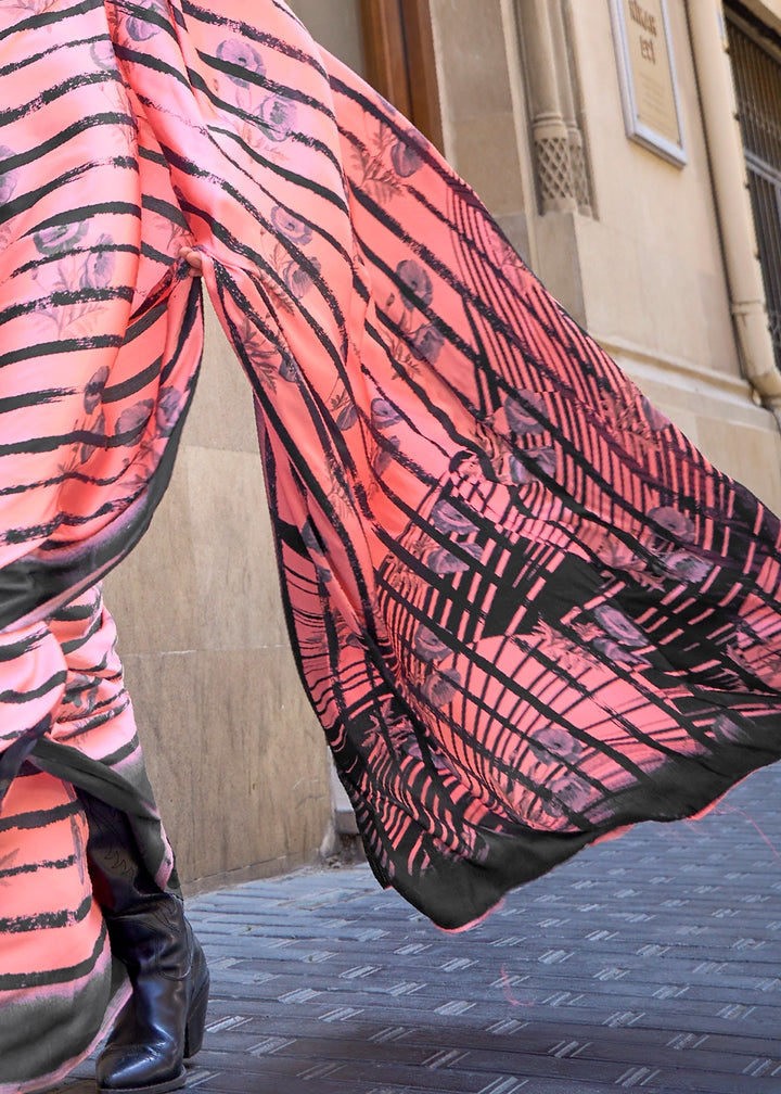 Punch Pink Lightweight Printed Saree in Satin Crepe