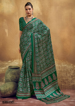 Jade Green Satin Crepe Saree Featuring Rich Ajrakh Prints