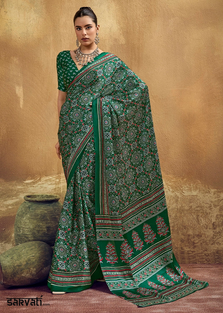 Jade Green Satin Crepe Saree Featuring Rich Ajrakh Prints