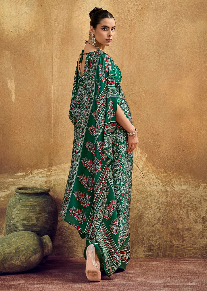 Jade Green Satin Crepe Saree Featuring Rich Ajrakh Prints