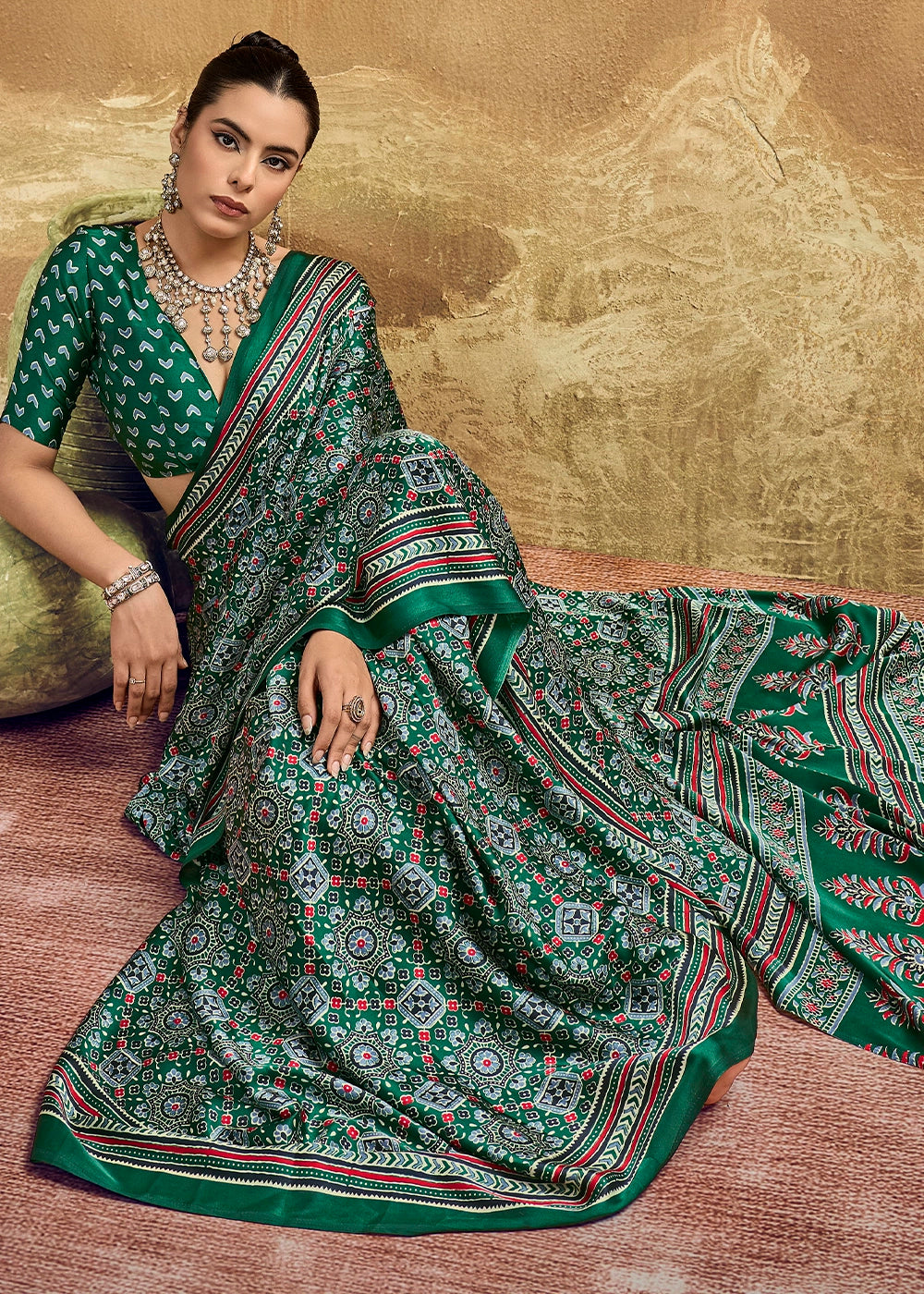 Jade Green Satin Crepe Saree Featuring Rich Ajrakh Prints